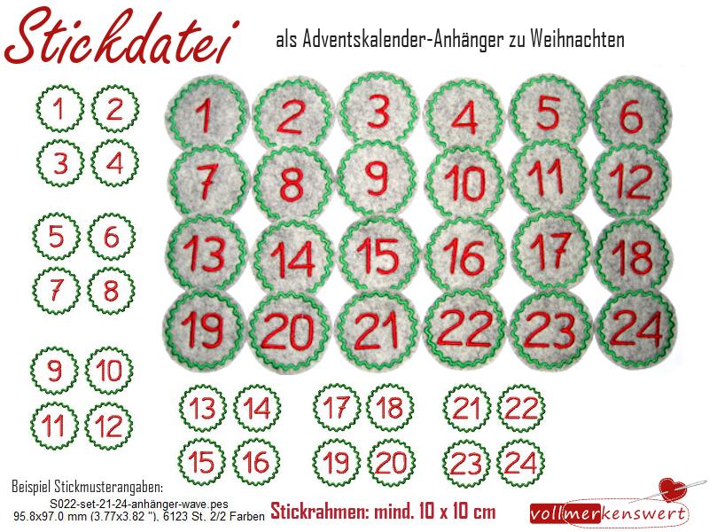 Stickdatei-Set 24 Adventskalender-Anhänger zur Weihnachtszeit für 10x10er Rahmen S022